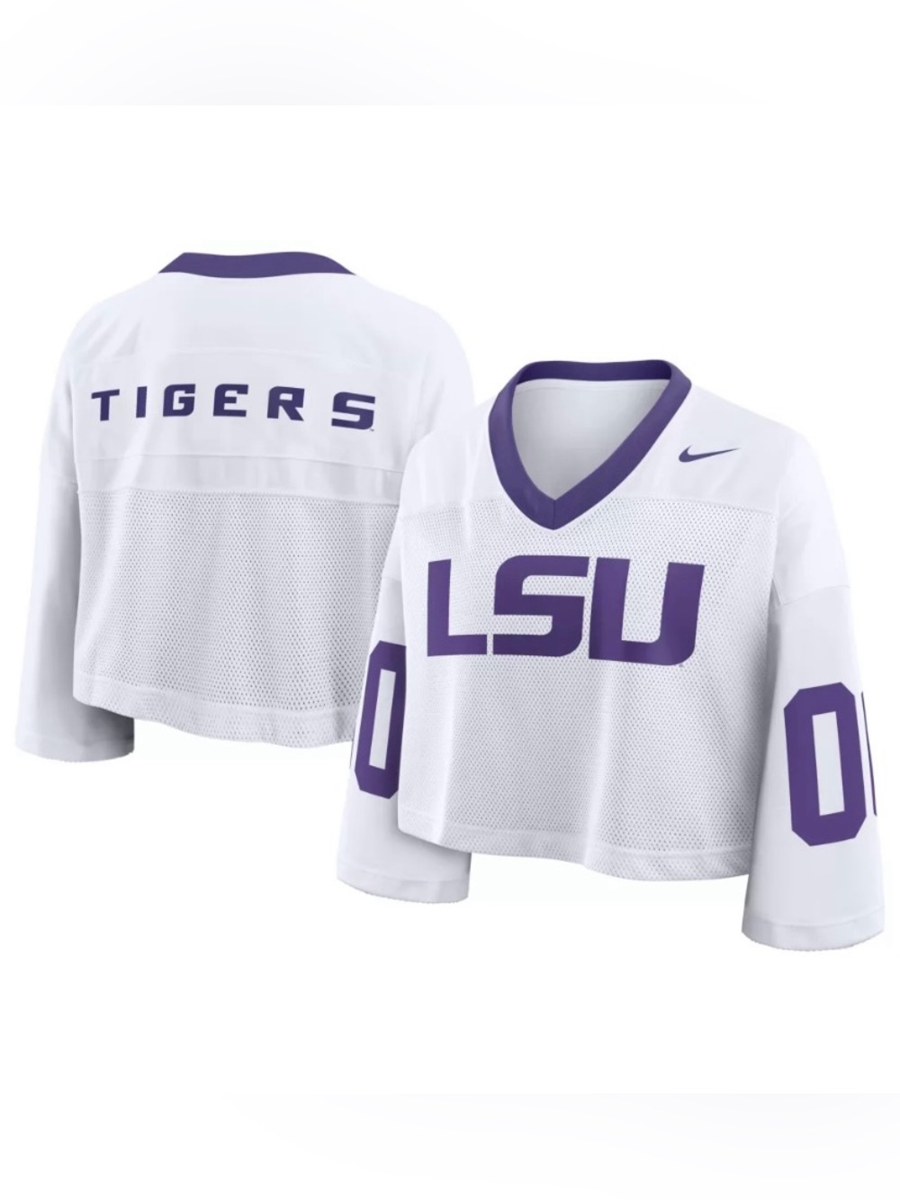 Nike LSU White and Purple Cropped Jersey